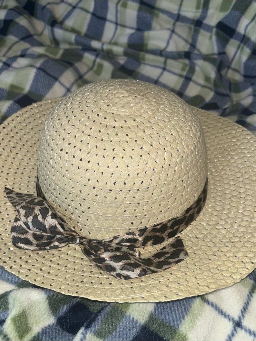 Woven Straw Style Sun Hat with Leopard Print Band NWT